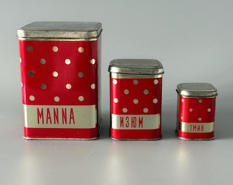Soviet vintage tins set, polka dot kitchen storage boxes, red tin containers, vintage food tins set