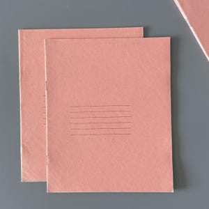 Op de afbeelding: Twee koraalkleurige notitieboekjes met gelinieerde pagina's. De notitieboekjes zijn op elkaar gestapeld, waarbij het bovenste notitieboekje iets verschoven is. De achtergrond is effen grijs.