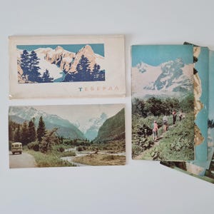 Dombay, rivière Teberda, Caucase, jeu de cartes postales vintage soviétiques de 1965, éphémères touristiques vintage