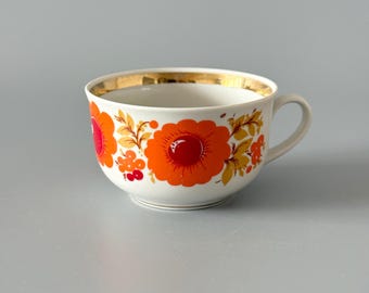 Ukrainsk vintageporslinskopp, retro tekopp från Sovjetunionen, Antik porslin, Keramisk mugg med fina orange blommor
