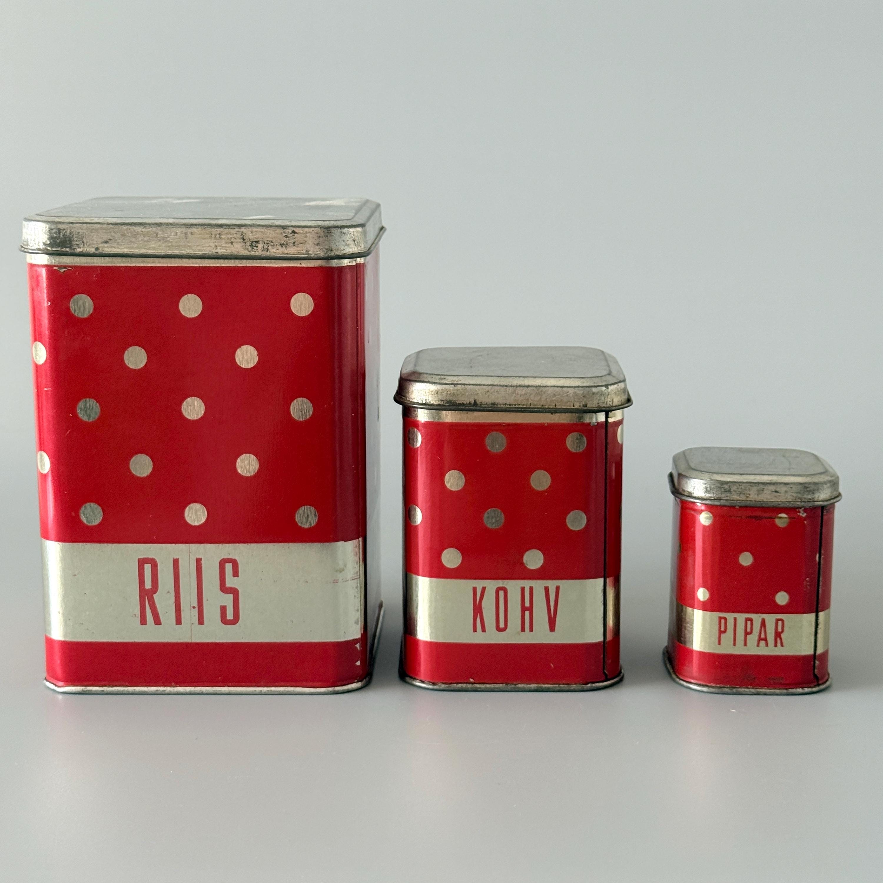 ソビエトヴィンテージ缶セット、水玉模様のキッチン収納ボックス、赤い