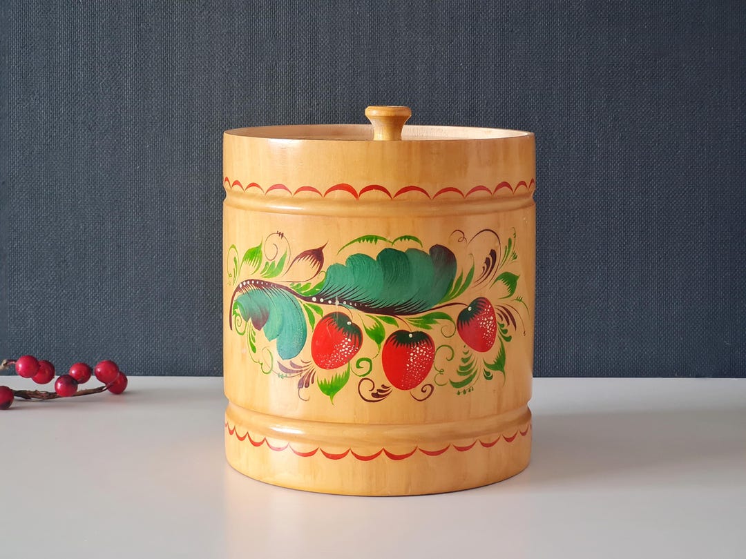 Vintage Soviet Hand Painted Wooden Container With Lid, Rustic Kitchen ...