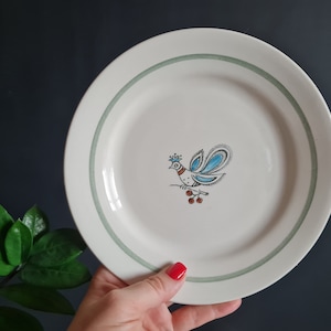 Ukrainian vintage ceramic plates with funny bird, Ukrainian ceramic, antique plates in rustic style
