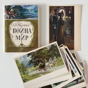 Krieg und Frieden, Vintage Set künstlerische literarische Postkarten, Russische Literatur, Leo Tolstoy, 32 Postkarten im Set