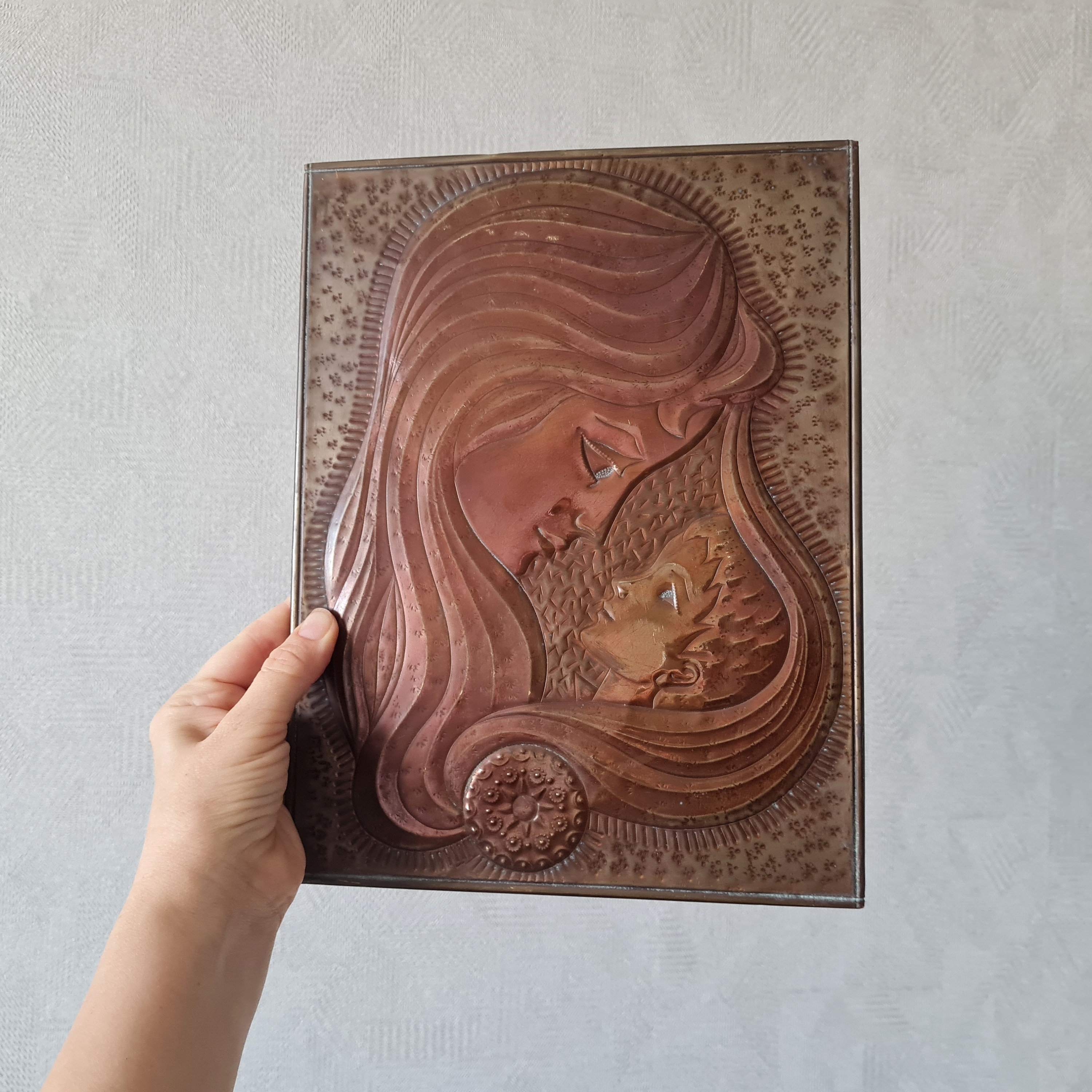 Soviet Vintage Hammered Wall Art, Mother and Child, Wall Hanging