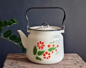 Vintage white tea kettle, Soviet enamel kettle, metal teapot stovetop, Soviet vintage teapot, farmhouse decor