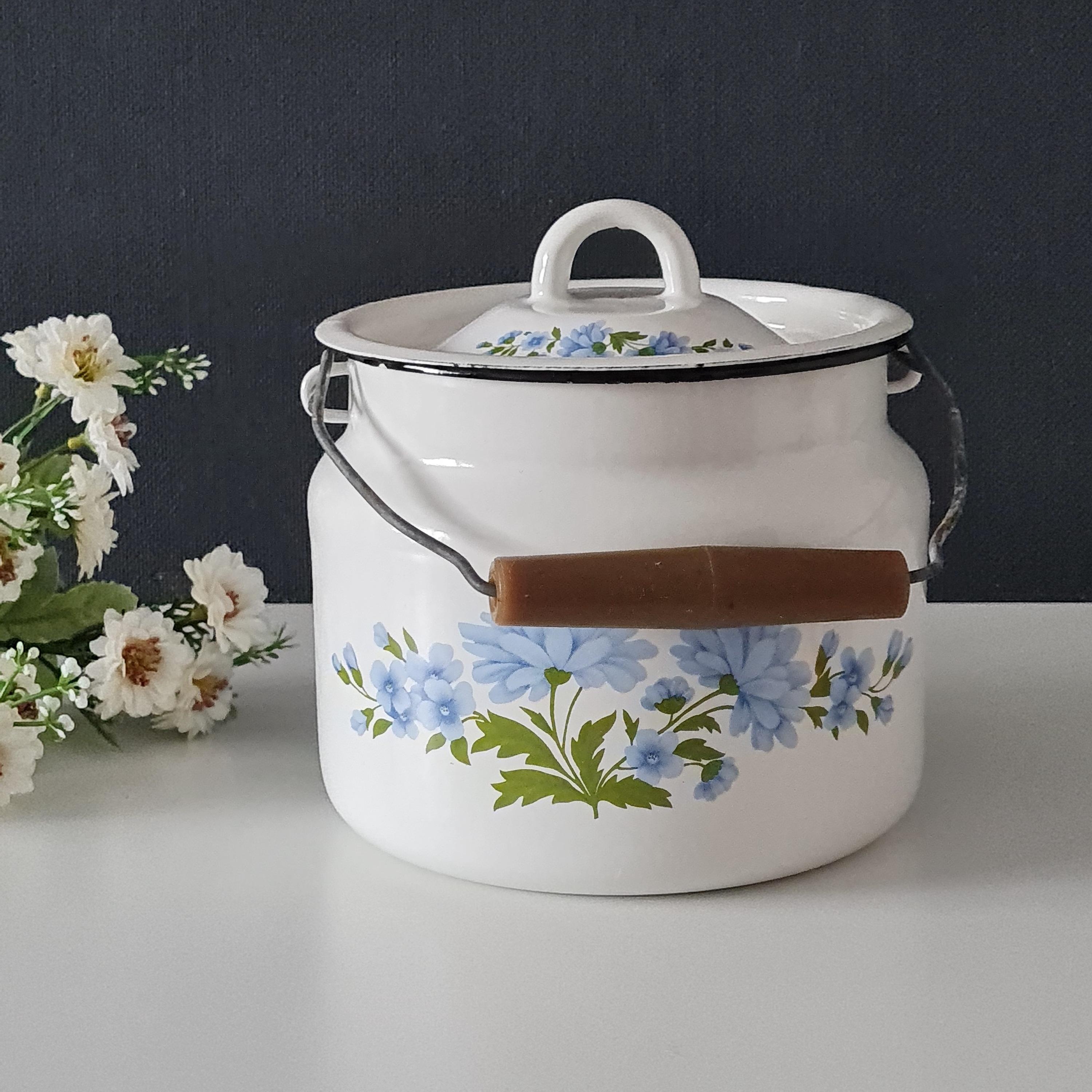 enamel milk jar white×blue Vintage Enamel Milk Can With Lid - Small White Pot With Blue