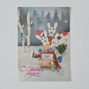 Cartão postal de Natal vintage com coelhinhos engraçados, cartão postal soviético sem uso, cartão de Feliz Ano Novo, cartão postal fofo da URSS