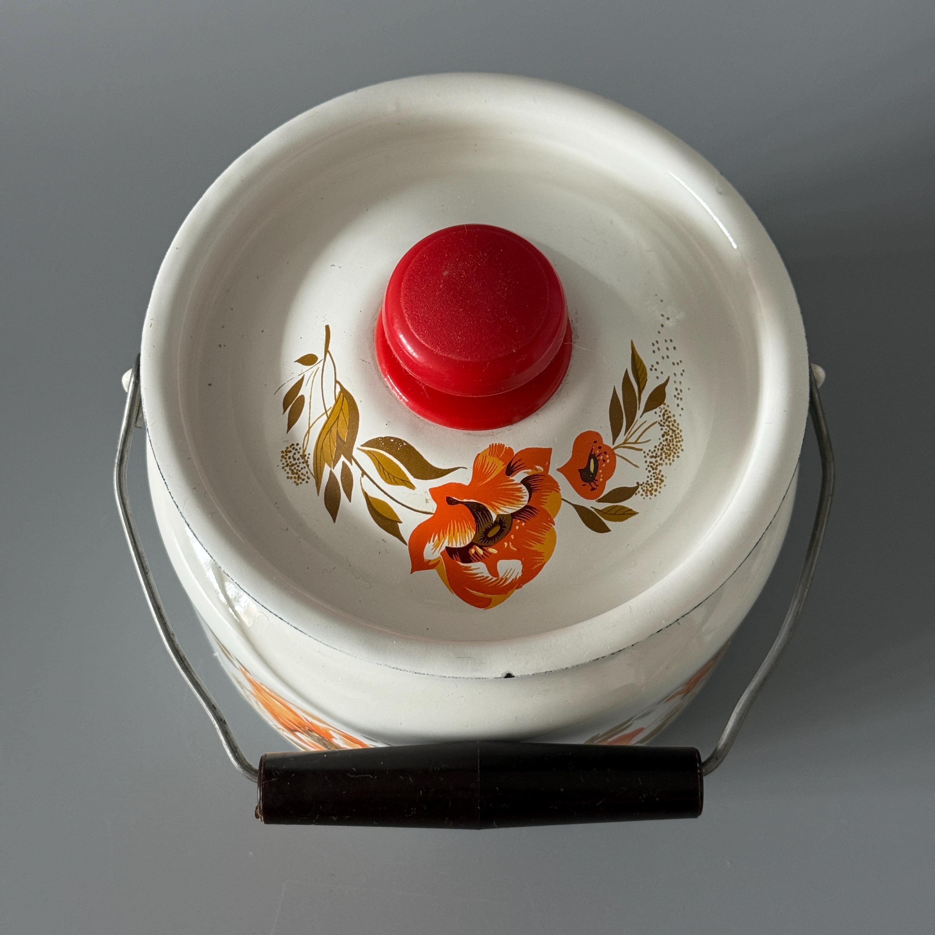 Vintage Enamel Milk Can With Lid - Small White Pot With Orange