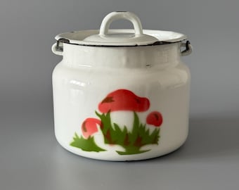 Vintage enamel milk can with lid - Small white pot with a mushrooms - Enamel milk canister - Retro watering can - Farmhouse Decor