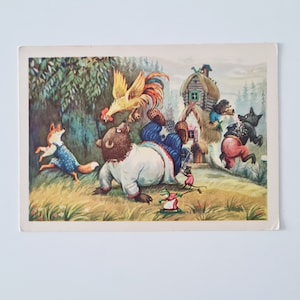 1955, sowjetische vintage Postkarte, unbenutzt, Märchen Illustration, Teremok, alte russische Postkarte