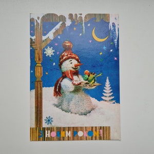 Carte postale de Noël vintage soviétique Bonhomme de neige Happy New Year en ukrainien