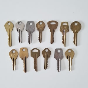 Könnte beinhalten: Eine Ansammlung von Vintage-Schlüsseln in verschiedenen Formen und Größen, angeordnet auf einer weißen Oberfläche. Die Schlüssel bestehen aus Messing und silberfarbenen Metallen und weisen unterschiedliche Designs und Schlüssellochformen auf. Einige Schlüssel haben sichtbare Markierungen.
