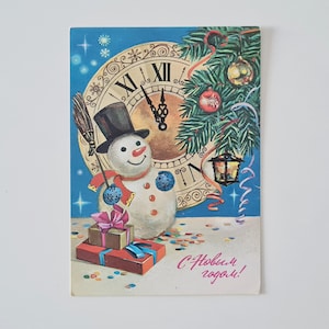 Cartolina d'epoca sovietica, pupazzo di neve, cartolina di Capodanno, cartolina di Natale dell'URSS