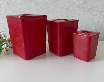 Soviet vintage tins set, polka dot kitchen storage boxes, red tin