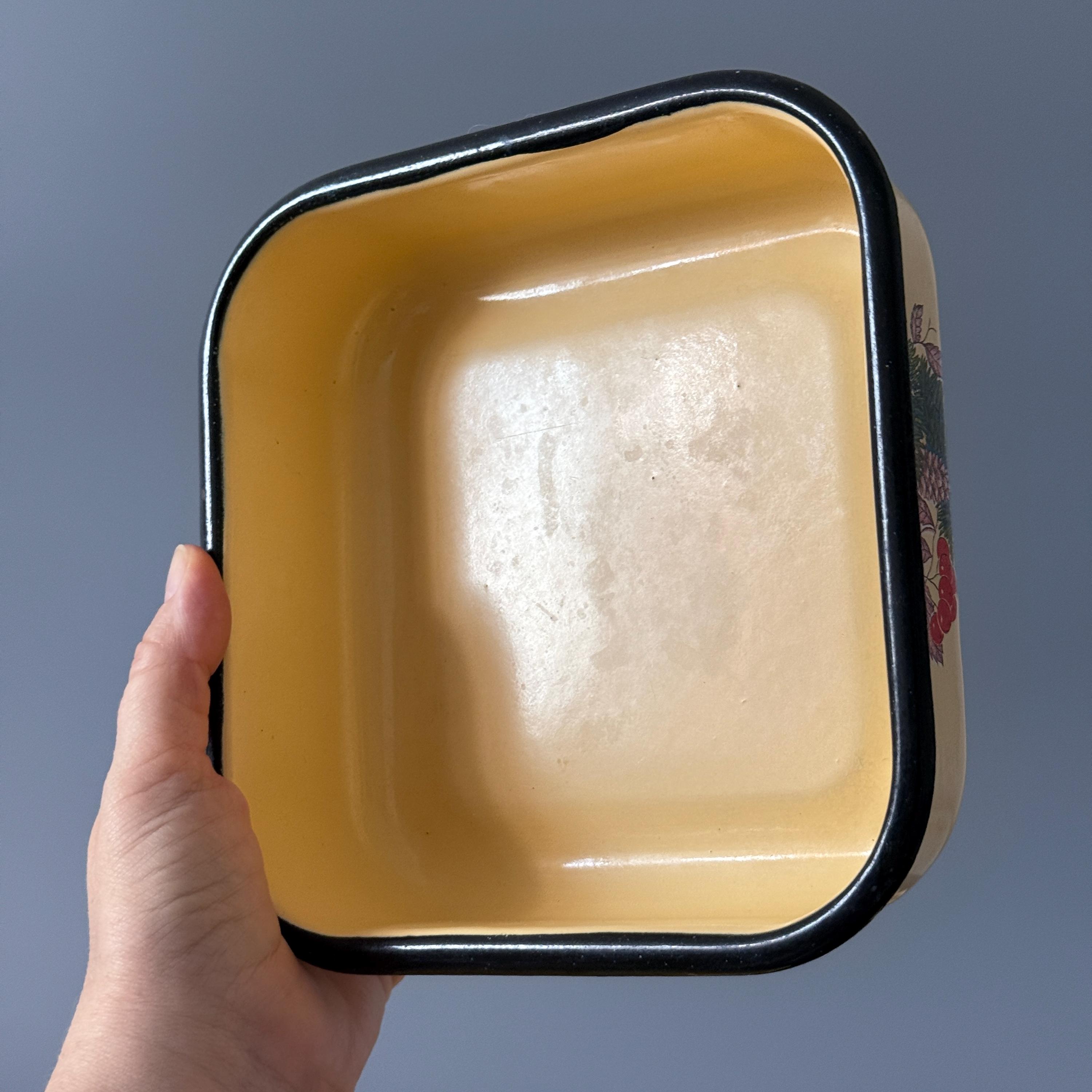 Vintage Yellow Enamel Food Container With Lid, Small Refrigerator