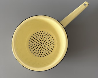 Soviet vintage light yellow enamel colander USSR enamelware 1970s