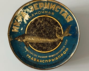 Caja de hojalata soviética vintage, Caviar negro, Recipiente redondo de hojalata, Caja soviética grande y rara, Lata coleccionable de los años 60, Decoración de garaje