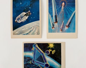 Conjunto de postales espaciales soviéticas vintage: astronomía, planetas, impresiones espaciales, fantasía, sistema solar, arte espacial, nave espacial.