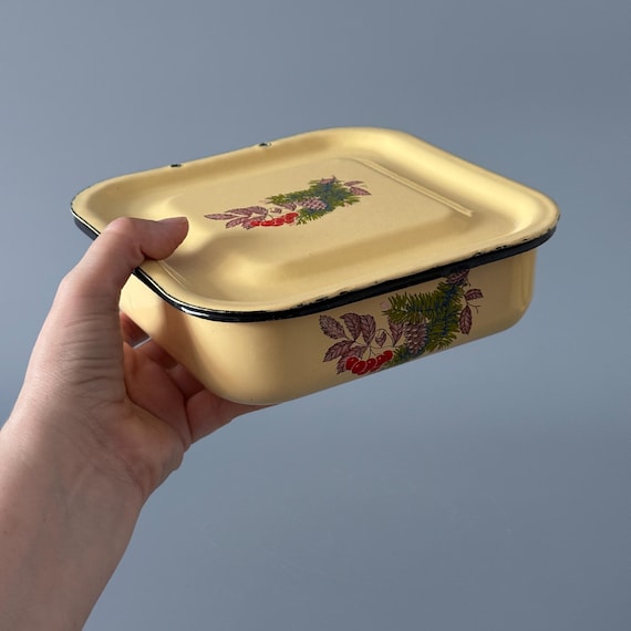 Vintage Yellow Enamel Food Container With Lid, Small Refrigerator