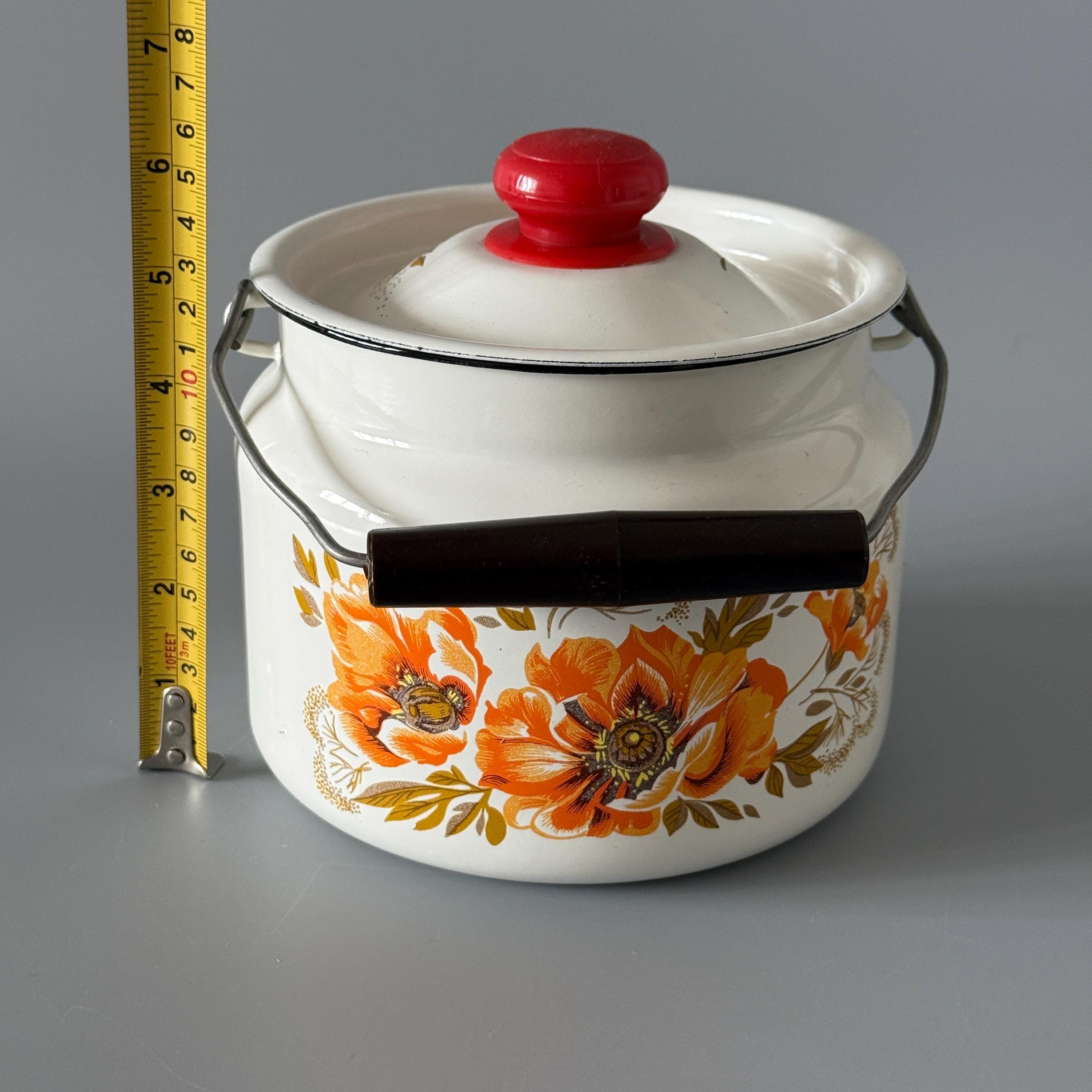 Vintage Enamel Milk Can With Lid - Small White Pot With Orange