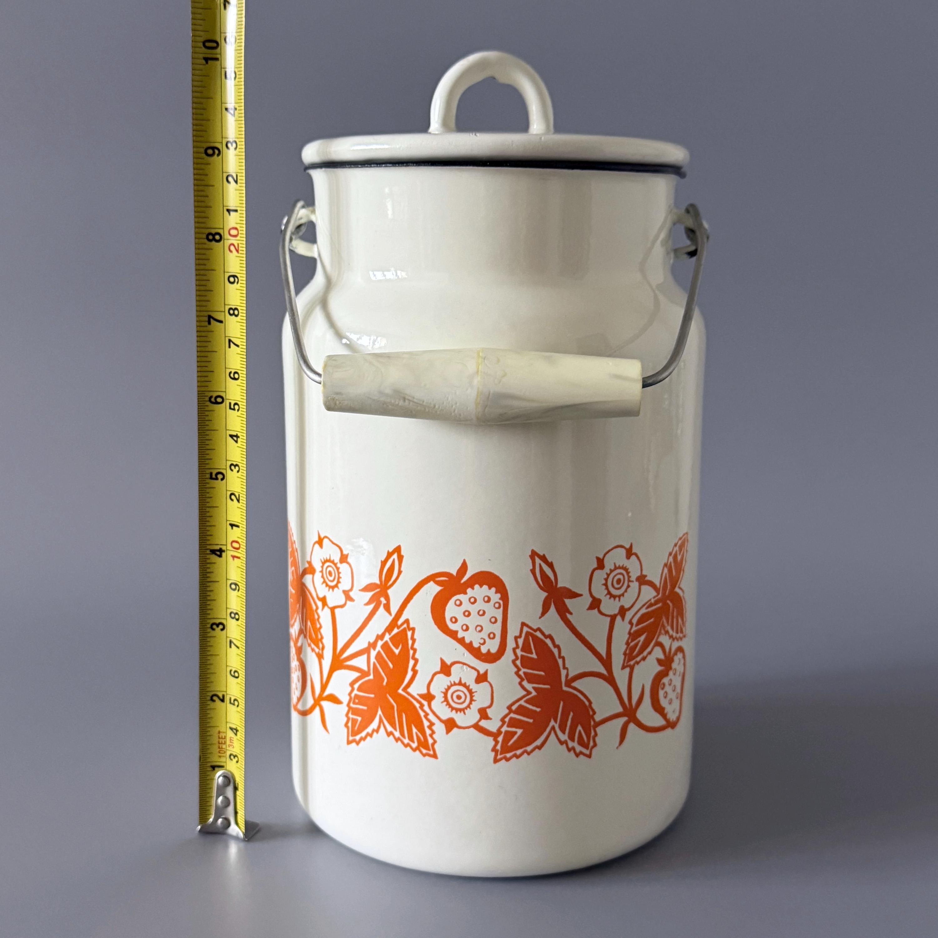 Vintage White Enamel Milk Can With Orange Pattern, Enamel Bucket
