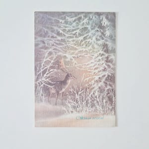 Russische Vintage Postkarte von Künstler Isakov, Vintage Weihnachtskarte mit Rotwild, russische glückliches neues Jahr Feiertagskarte, leere Postkarte
