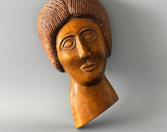 Vintage handgeschnitzte Holzskulptur – Abstrakter Frauenkopf – Folk Art Decor