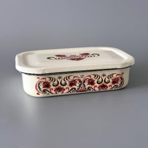 Soviet vintage white rectangular enamel tray with lid USSR enamel cookware lidded bowl eco friendly refrigerator enamel box