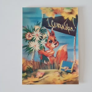 Russische vintage 3D Postkarte, Lenticular Postkarte mit lustigem Eichhörnchen, Stereo Postkarte, 1