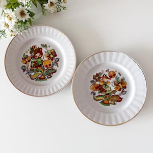 Può includere: Due piatti in ceramica bianca con bordo dorato e un motivo floreale in tonalità di rosso, arancio, giallo e verde.