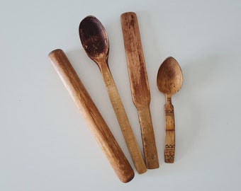 Antique wooden kitchen tools, Small polling pin, Wooden spoon, Rustic kitchen decor, Farmhouse Decor