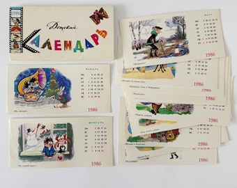 Vintage Soviet 1986 Children’s Calendar Card Set – Soviet Cartoon Illustrations