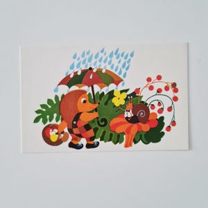 carte d'anniversaire vintage, carte postale soviétique de 1982, carte postale de voeux, personnages de dessins animés, hérisson et escargot, carte postale de Riga, animaux rigolos