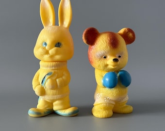 Vintage rubber toys, Big Hare and Bear, Soviet Toy for bath, USSR toy, Soviet vintage toys 1980s, Russian toys
