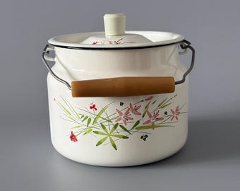 Lechera vintage de esmalte con tapa, pequeña olla de esmalte, estilo soviético vintage, recipiente de leche de esmalte blanco, decoración rústica