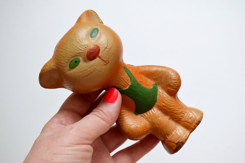 Rare Vintage rubber toy cat Soviet vintage 1950-s Toys for bath Made in USSR The catr in a green waistcoat
