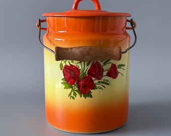 Vintage Soviet enamel milk can with lid, yellow-orange enamel can with red flowers, Milk pail lidded