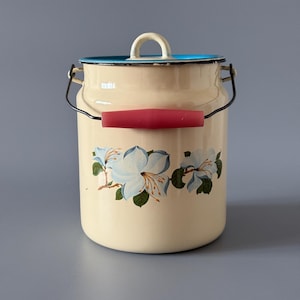 Könnte beinhalten: Cremefarbener Emaille-Milcheimer mit blauem Rand und Deckel, rotem Griff und schwarzem Drahtbügel. Der Eimer ist mit einem Blumendesign aus weißen und blauen Blumen mit grünen Blättern verziert.