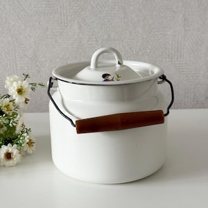 Vintage enamel milk can with lid, Small white pot, Enamel milk canister, Farmhouse Decor