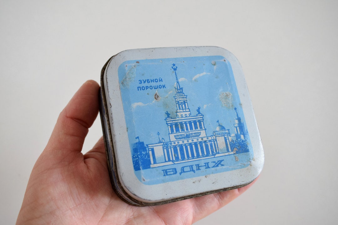 Antique Soviet Blue Tin Box for Toothpowder, Rare Soviet Vintage Box