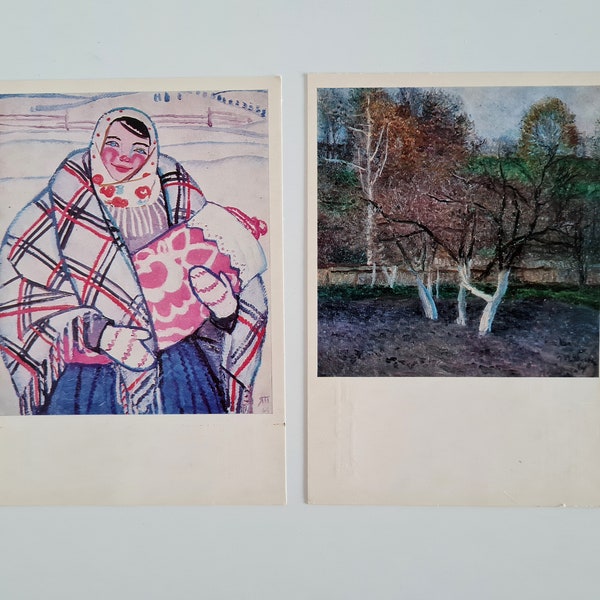 Tatiana Yablonskaya, Ukrainian artist, Soviet vintage postcards set, landscape paintings, portraits