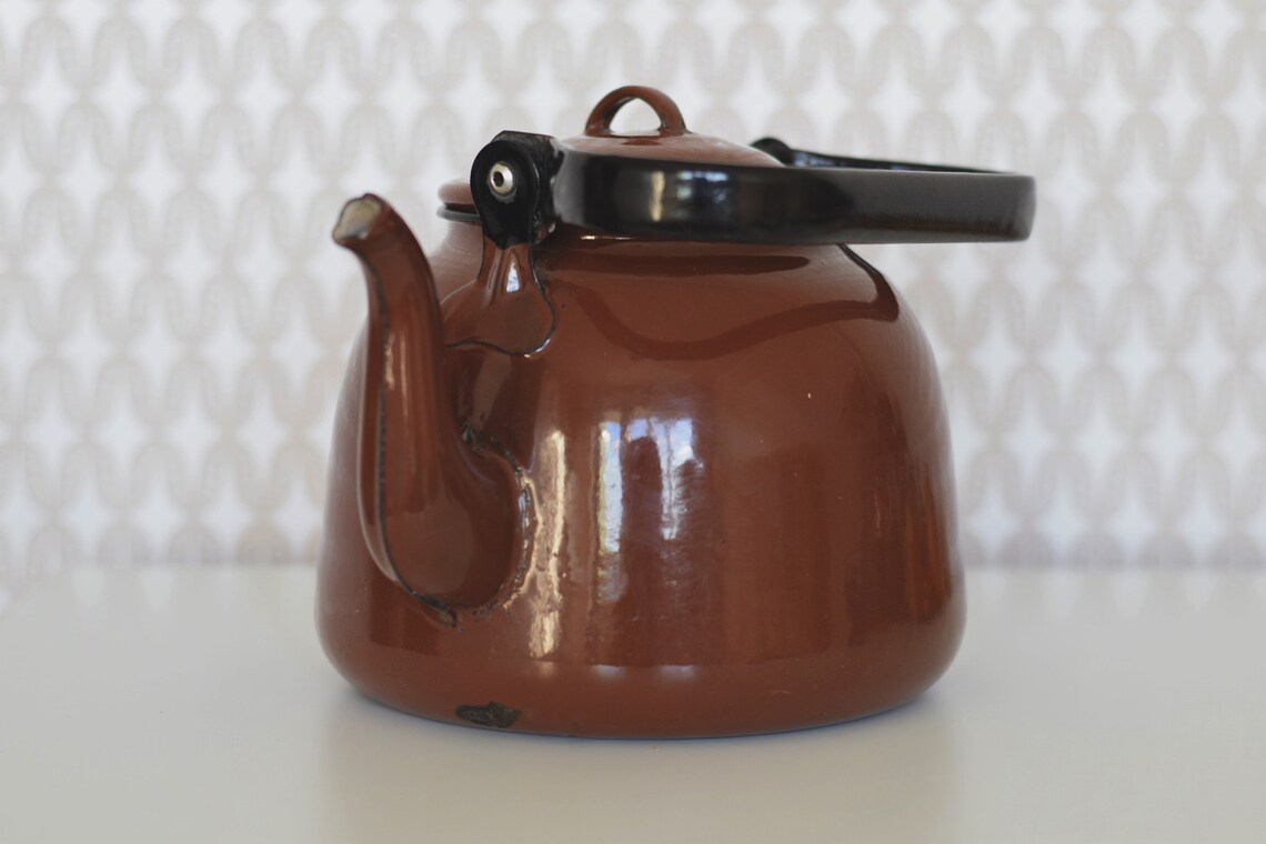 Large Vintage Brown Tea Kettle With Lid Soviet Enamel Kettle Etsy