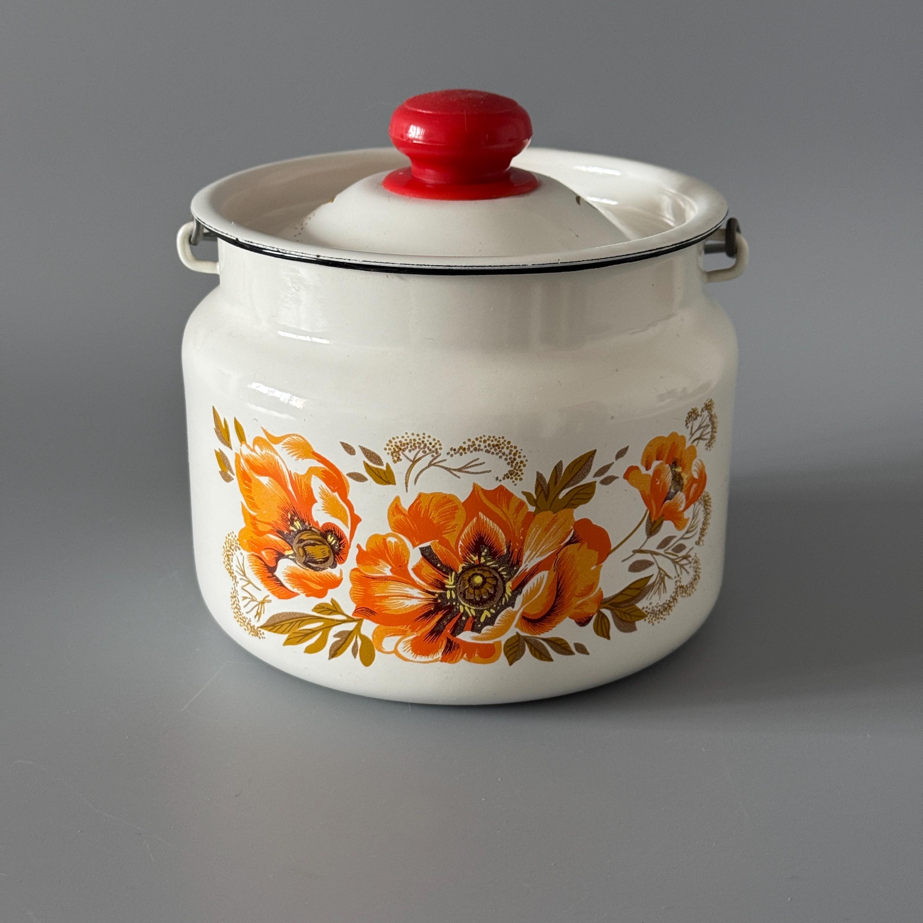 Vintage Enamel Milk Can With Lid - Small White Pot With Orange