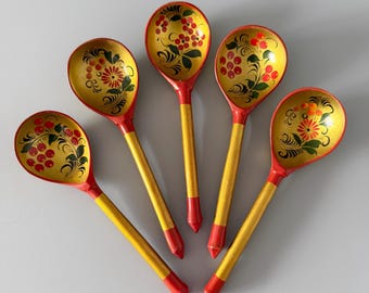 Vintage Russian Khokhloma Wooden Spoons (Set of 5) – 1970s Hand-Painted Folk Art Souvenir – Soviet Kitchen Decor