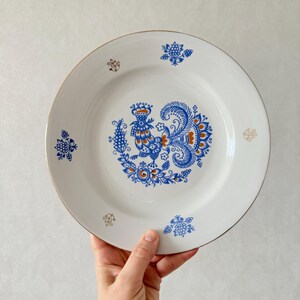 Vintage Ukrainian ceramic plate with fairy bird, Soviet period, Baranovsky Porcelain Factory