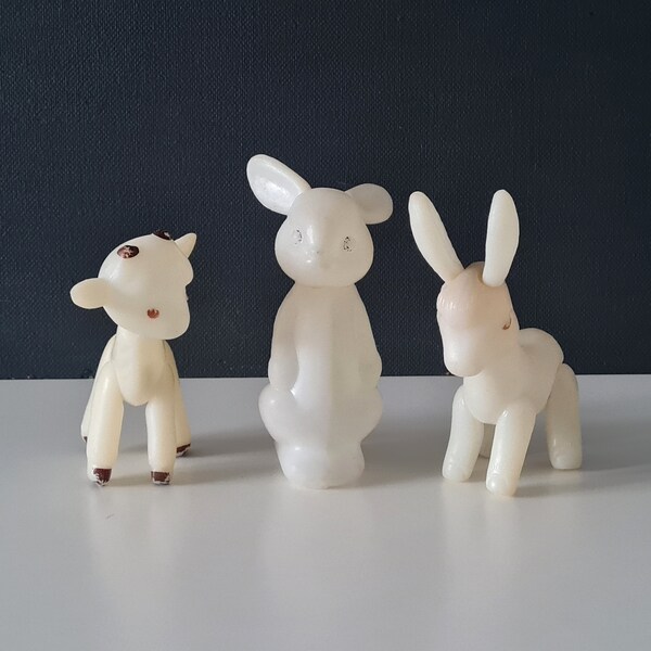 Set of Soviet vintage plastic toys from the 1970s, small white toys, hare, calf, donkey