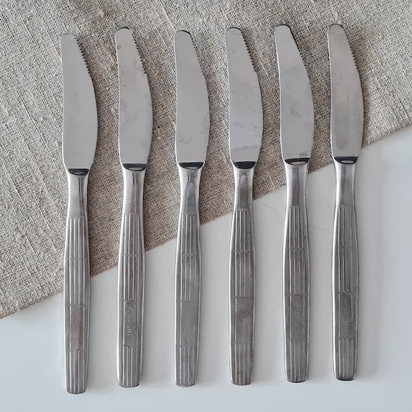 Set of Soviet vintage forks and knives, Soviet stainless steel 1970s. USSR Cutlery, knife, fork