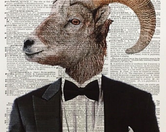 Vintage Ram Head Sheep Print Dictionary Page Wall Art Picture Bow Tie Hipster Quirky Funky