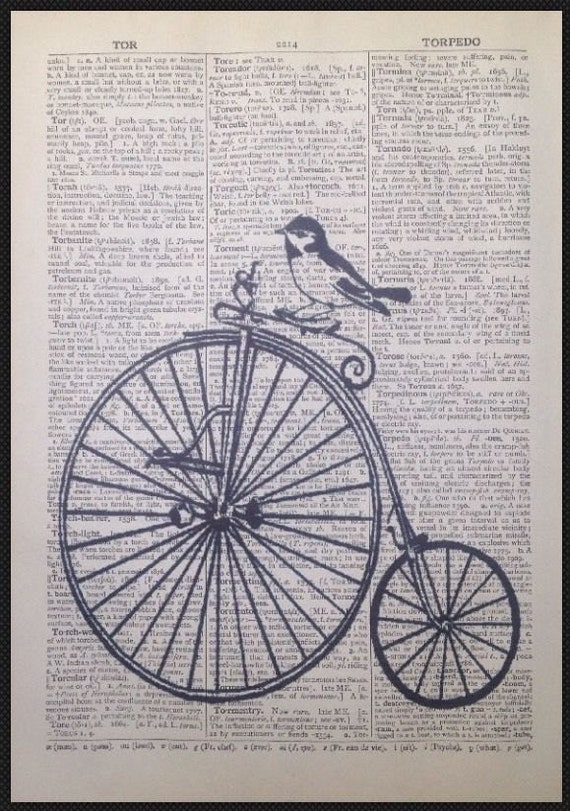Vintage Peacock Penny Farthing Print Dictionary Page Wall Art Picture Bicycle Bird